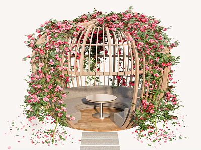 Vines Cover Cage Like Seating Area With Pink Blooms And Table 3d model
