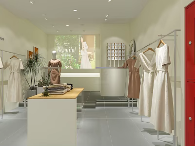 Modern Clothing Store Interior With Dresses Display Table Mannequin Screen And Potted Plant 3d model
