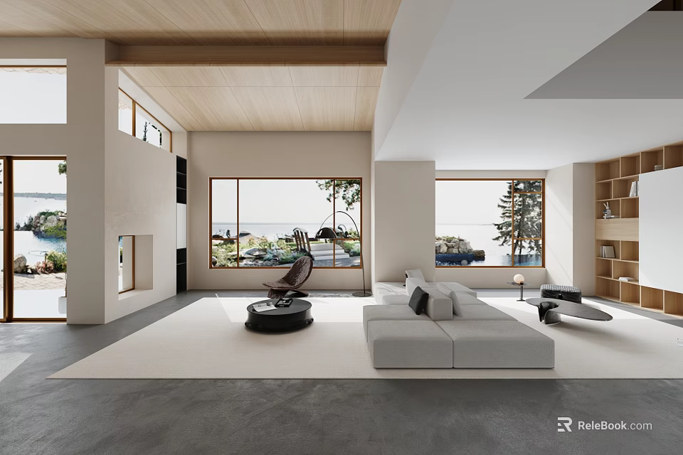 Contemporary Living Room Interior With Wooden Ceiling Large Windows Natural Views And Light Sofa 3d model 