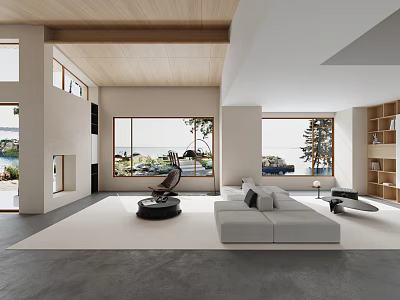 Contemporary Living Room Interior With Wooden Ceiling Large Windows Natural Views And Light Sofa 3d model