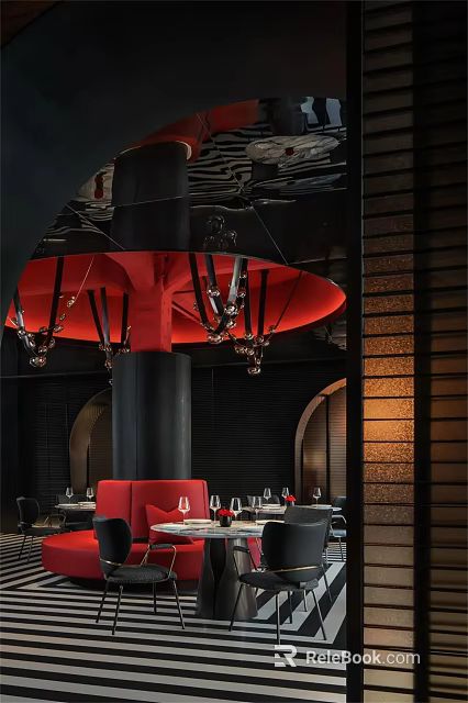 Modern Restaurant Interior With Red Ceiling Structure Black Pillar Chandeliers Arched Doorways And Red Seating 3d model 