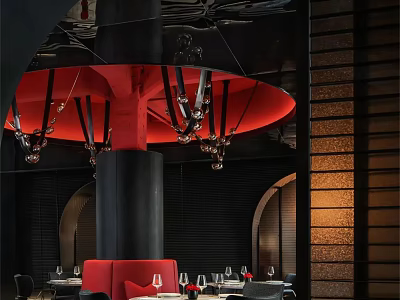 Modern Restaurant Interior With Red Ceiling Structure Black Pillar Chandeliers Arched Doorways And Red Seating 3d model