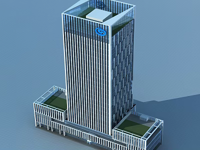 Modern Tall Office Building With Glass Curtain Wall Green Roof And Company Logo 3d model