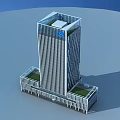 Modern Tall Office Building With Glass Curtain Wall Green Roof And Company Logo