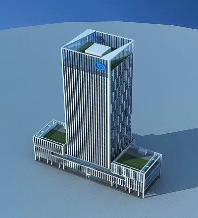 Modern Tall Office Building With Glass Curtain Wall Green Roof And Company Logo 3d model
