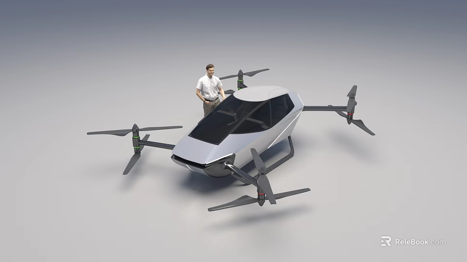 Smart Modern Flying Car With Multiple Rotors White Black Design And Man Standing Beside 3d model 
