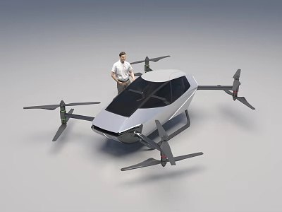 Smart Modern Flying Car With Multiple Rotors White Black Design And Man Standing Beside 3d model