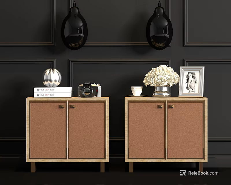 Black Pendant Lights Hanging On Dark Wall Above Brown Cabinets With Decorations 3d model 