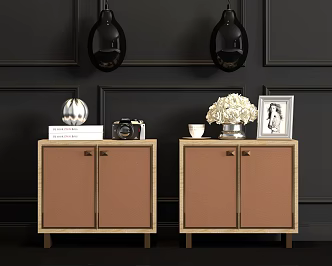 New Chinese style solid wood leather bedside table jewelry chandelier combination 3d model