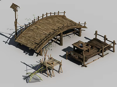 Traditional Wooden Arch Bridge With Rest Area Lantern Post And Plants 3d model