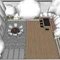 Outdoor Landscape Seating Space With Fire Pit Green Plants And Wooden Deck