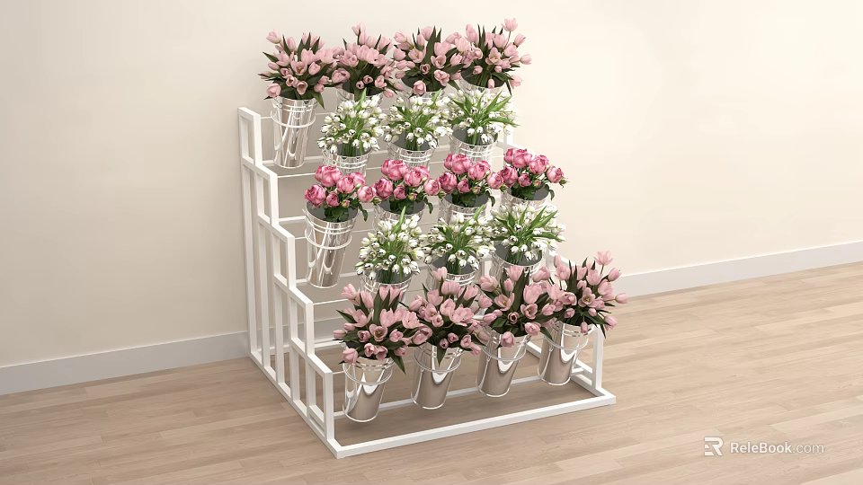 Decorative White Multi Tiered Shelf With Vases Holding Pink And White Flowers 3d model 