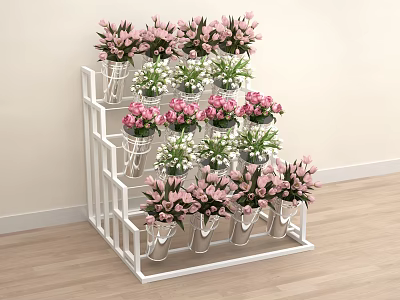 Decorative White Multi Tiered Shelf With Vases Holding Pink And White Flowers 3d model