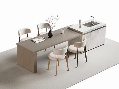 Modern Bar Counter Interior With Wooden Top Dining Chairs Sink And Decorative Vase 3d model