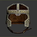 Ancient Decorative Helmet With Intricate Patterns On Metal Frame And Leather Straps