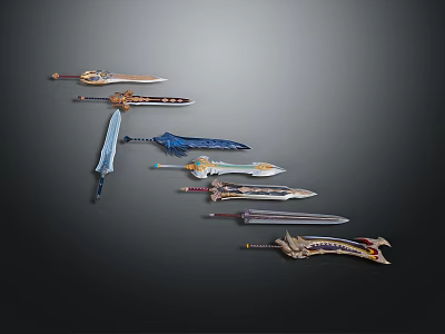 Various Decorative Swords With Intricate Designs And Colorful Handles On 3d model
