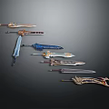 Various Decorative Swords With Intricate Designs And Colorful Handles On