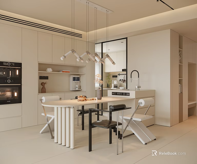 Modern Dining Room Interior With White Cabinets Dining Table Hanging Lights And Appliances 3d model 