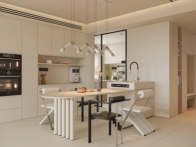 Modern Dining Room Interior With White Cabinets Dining Table Hanging Lights And Appliances 3d model