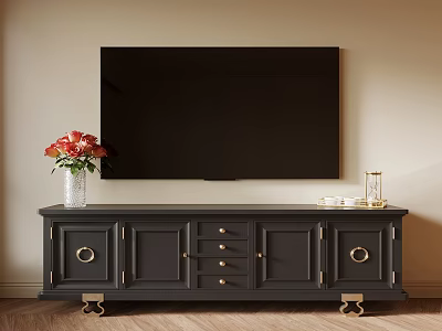 Dark Gray TV Stand With Gold Accents Vase Red Flowers And Wooden Floor 3d model