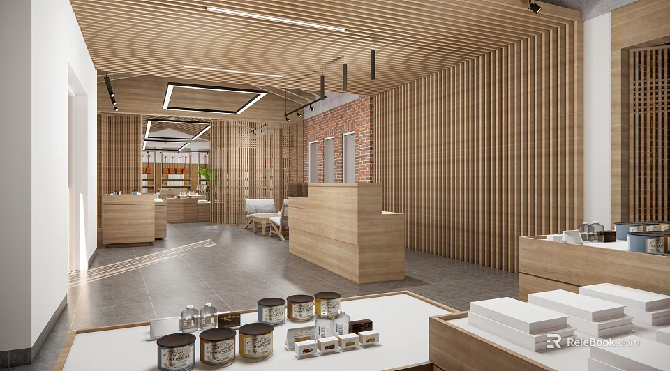 Modern Retail Store Interior With Wooden Decor Display Counters And Product Exhibits 3d model 