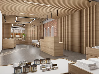 Modern Retail Store Interior With Wooden Decor Display Counters And Product Exhibits 3d model