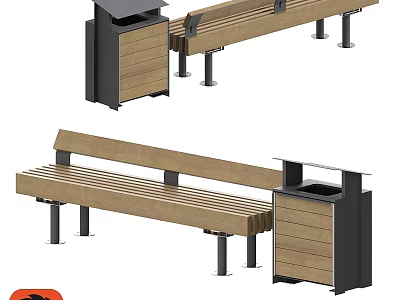 Wooden Outdoor Landscape Bench With Metal Frame And Trash Bin Design 3d model