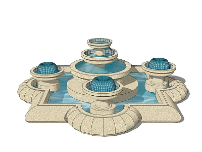 Tiered Circular Fountain Design With Stone Base And Blue Water Basins 3d model