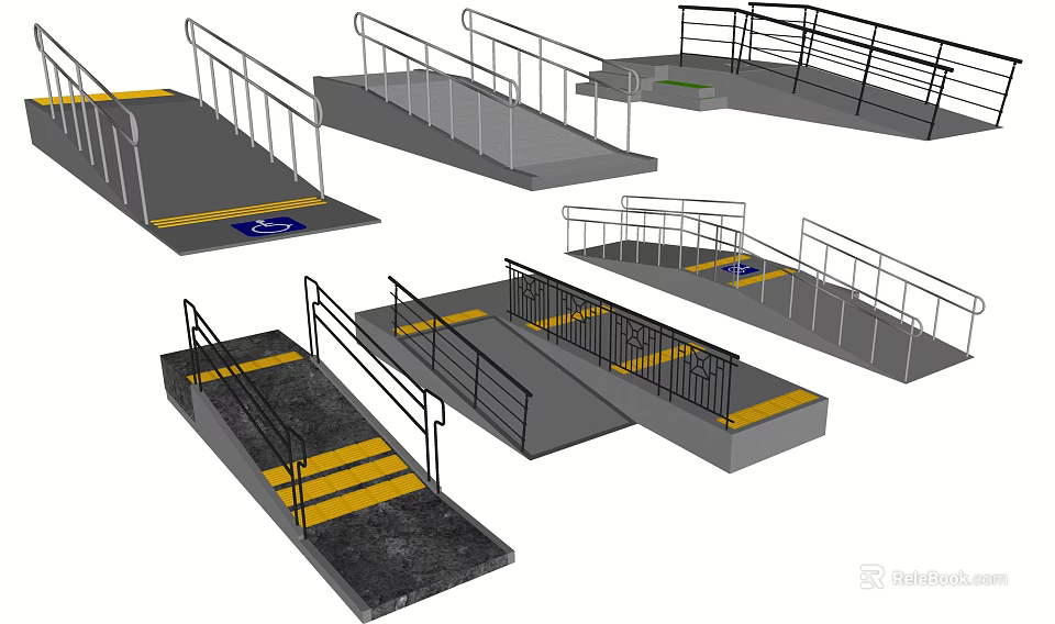 Practical Road Facilities Featuring Accessibility Ramps Handrails Yellow Anti slip Strips and Wheelchair Signs 3d model 