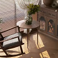 Cozy Rocking Leisure Chair With Side Table Vase Green Plant Window Blinds Curtains Wooden Floor