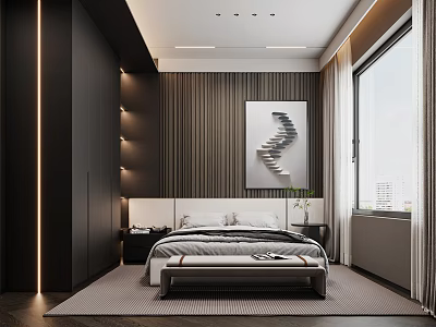 Modern Bedroom Interior With Dark Wardrobes Strip Lighting Upholstered Headboard Bench And Window 3d model