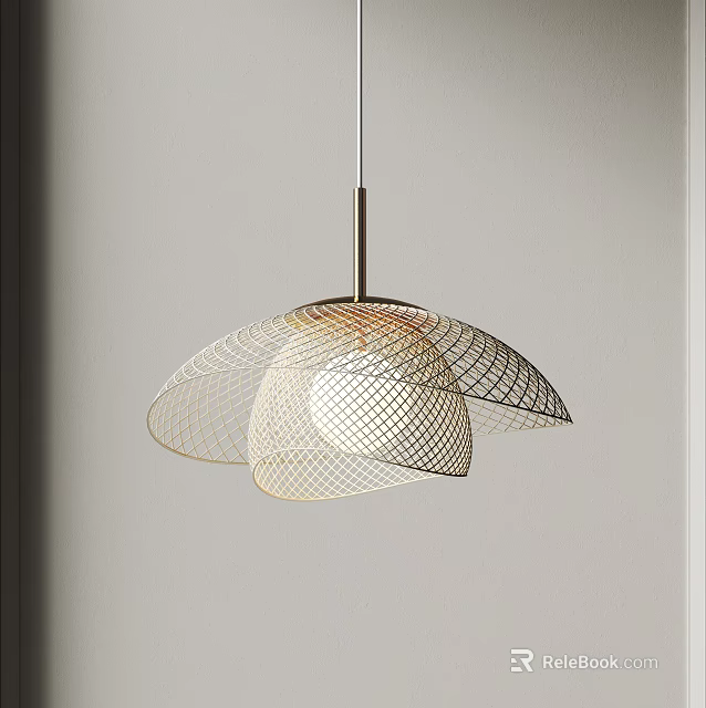 Modern Pendant Light With Three Beige And Light Brown Mesh Shades Hanging On White Wall 3d model 