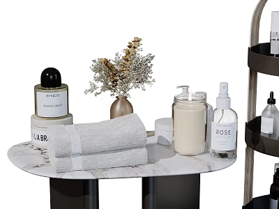 Stylish Bathroom Accessories Set With Marble Countertop Towels Candles And Hand Soap 3d model