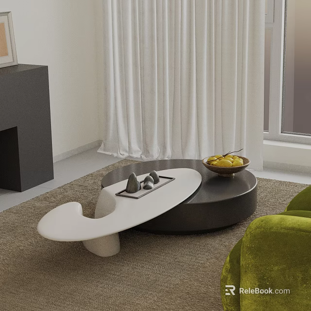 Green Sofa Coffee Table Combination With White Black Tables Featuring Fruit Bowl And Decorative Items 3d model
