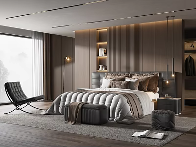 Modern Bedroom Interior With Wooden Slat Wall Large Bed And Pendant Lights 3d model