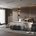 Modern Bedroom Interior With Wooden Slat Wall Large Bed And Pendant Lights