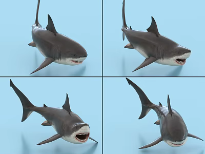 Shark 3D Models Showcased In Different Angles With Open Mouth And Blue Background 3d model