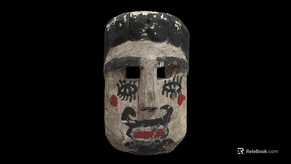 Traditional Handcrafted Wooden Mask With Painted Facial Details And Red Accents 3d model 