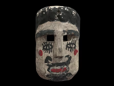Traditional Handcrafted Wooden Mask With Painted Facial Details And Red Accents 3d model