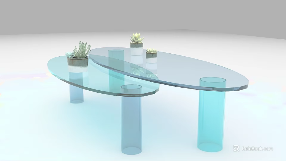 Modern Transparent Glass Coffee Table With Blue Cylindrical Bases And Small Potted Plants 3d model 