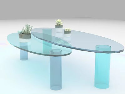 Modern Transparent Glass Coffee Table With Blue Cylindrical Bases And Small Potted Plants 3d model
