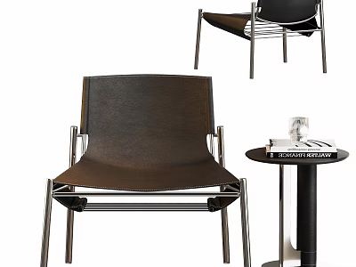 Stylish Black Leather Leisure Chair With Metal Frame And Side Table 3d model