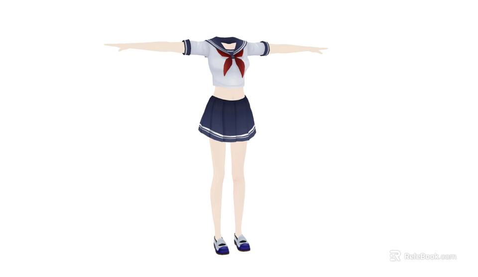 Cute Sailor Uniform Outfit with White Top Red Necktie and Dark Blue Skirt 3d model 