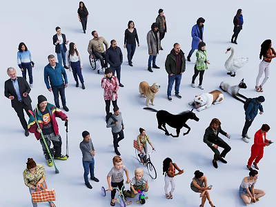 Diverse Group of People in Various Poses with Animals and Daily Objects 3d model