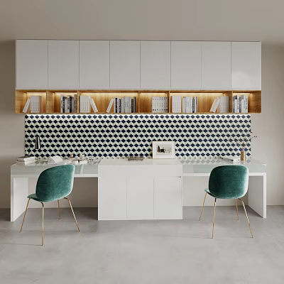 Modern Home Office Desk With White Cabinets Books Black White Geometric Tile And Teal Chairs 3d model