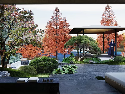 Serene Garden Landscape With Red Green Trees Stone Paving And Pavilion Area 3d model