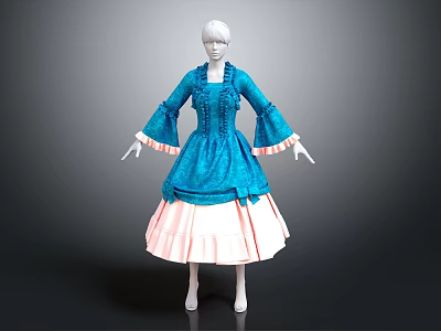 Elegant Blue Vintage Dress With Bell Sleeves Fitted Waist And Pink Ruffled Skirt 3d model