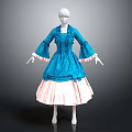 Elegant Blue Vintage Dress With Bell Sleeves Fitted Waist And Pink Ruffled Skirt