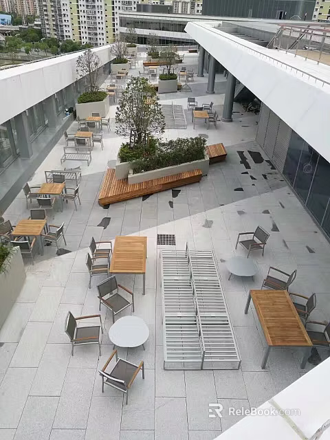 Commercial Street Outdoor Seating Area With Wooden Benches Green Plants And Stone Paved Floor 3d model 