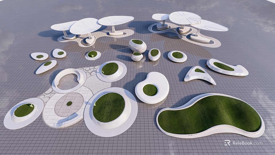 Modern Tree Pit Designs With Various Shapes Green Turf And White Structures 3d model 